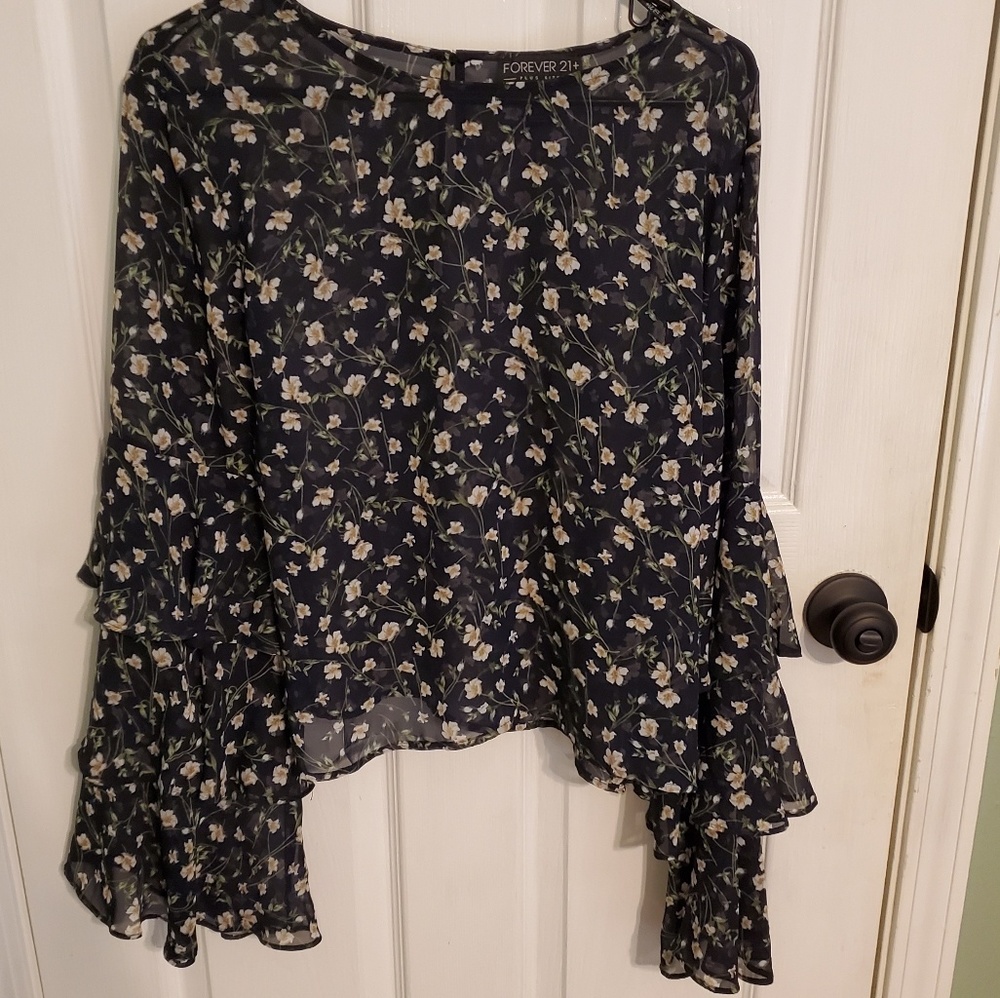 Black floral blouse with tiered bell sleeves
